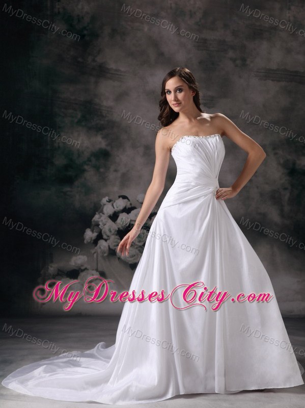 Popular Ruching Strapless Beaded Court Train Wedding Bridal Dresses