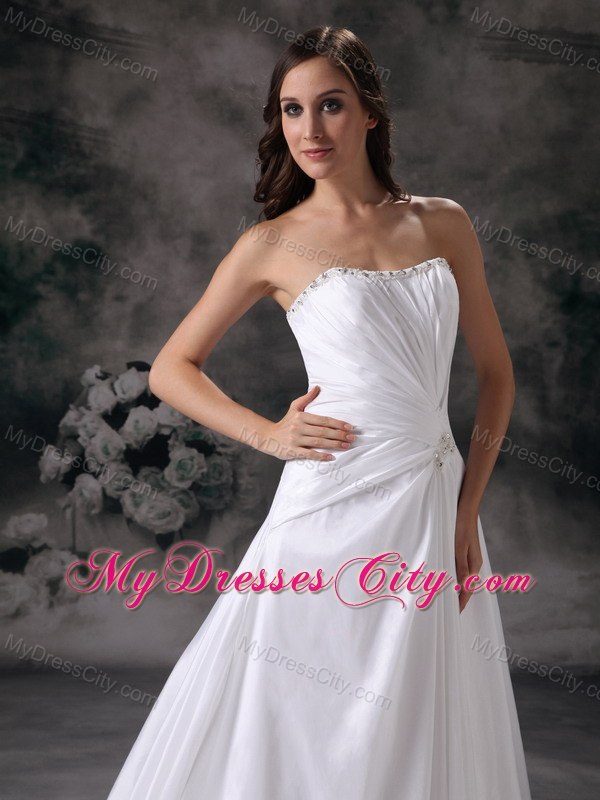 Popular Ruching Strapless Beaded Court Train Wedding Bridal Dresses