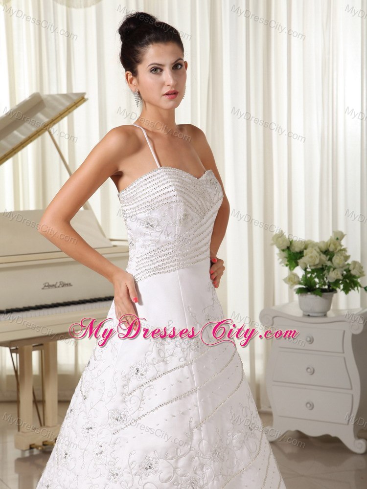 Single Spaghetti Strap Embroidery with Beading for 2013 Wedding Gown