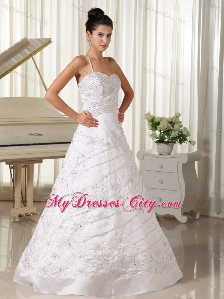 Single Spaghetti Strap Embroidery with Beading for 2013 Wedding Gown