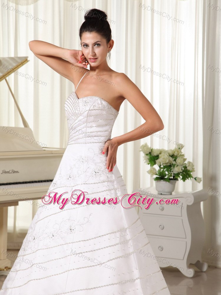 Single Spaghetti Strap Embroidery with Beading for 2013 Wedding Gown