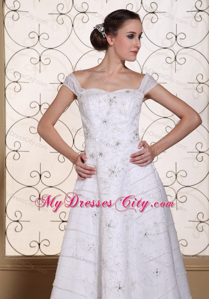 Off The Shoulder Beaded Organza Dress for 2013 Wedding with Rhinestones