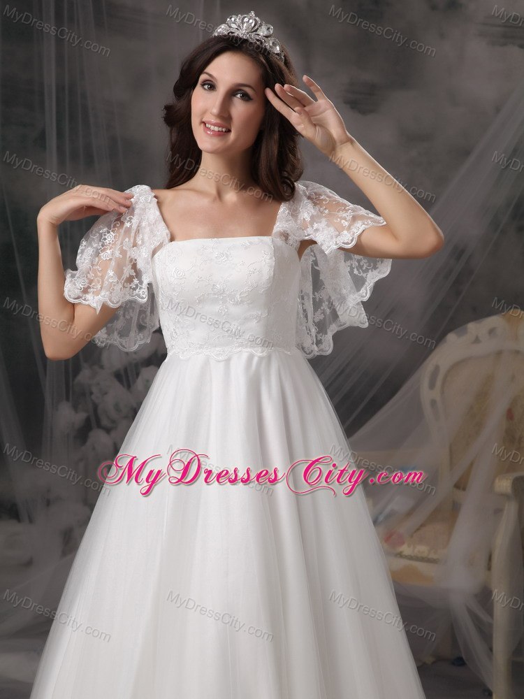 Cap Sleeves Square Neck Brush Train Lace Wedding Dresses with Petals