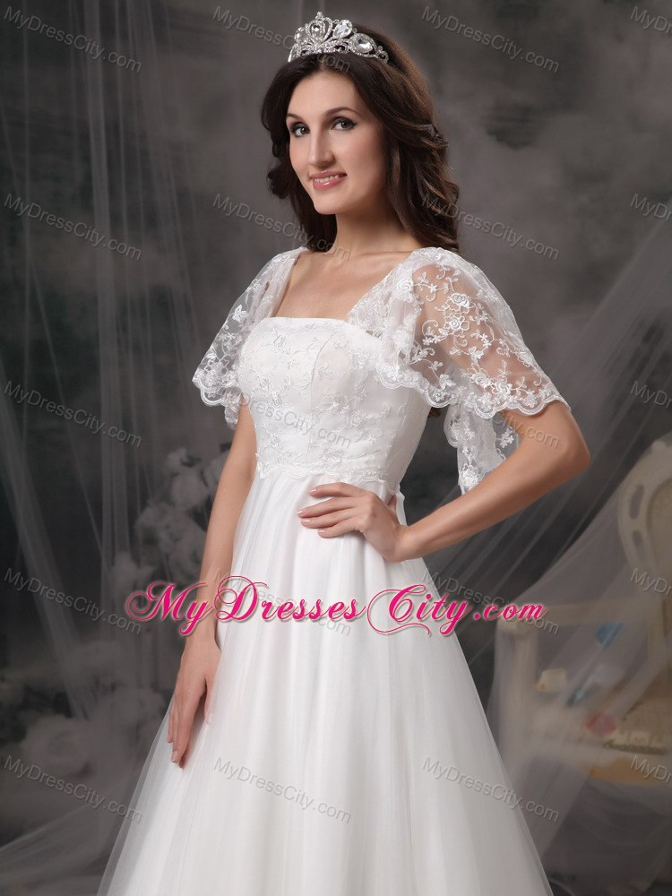 Cap Sleeves Square Neck Brush Train Lace Wedding Dresses with Petals