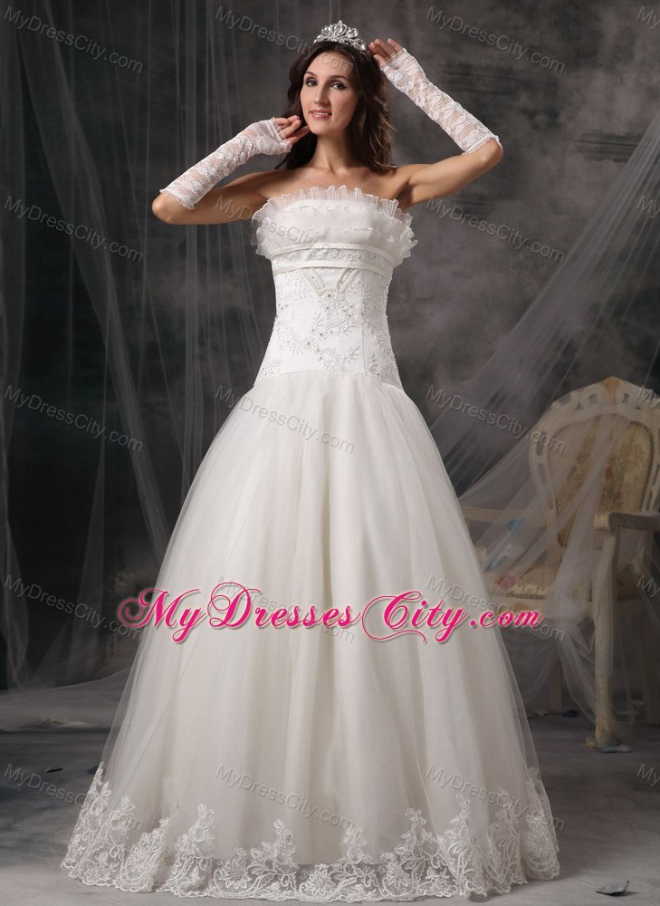 Perfect Strapless Lace Organza Bridal Dress with Embroidery and Beading