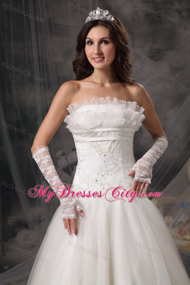 Perfect Strapless Lace Organza Bridal Dress with Embroidery and Beading