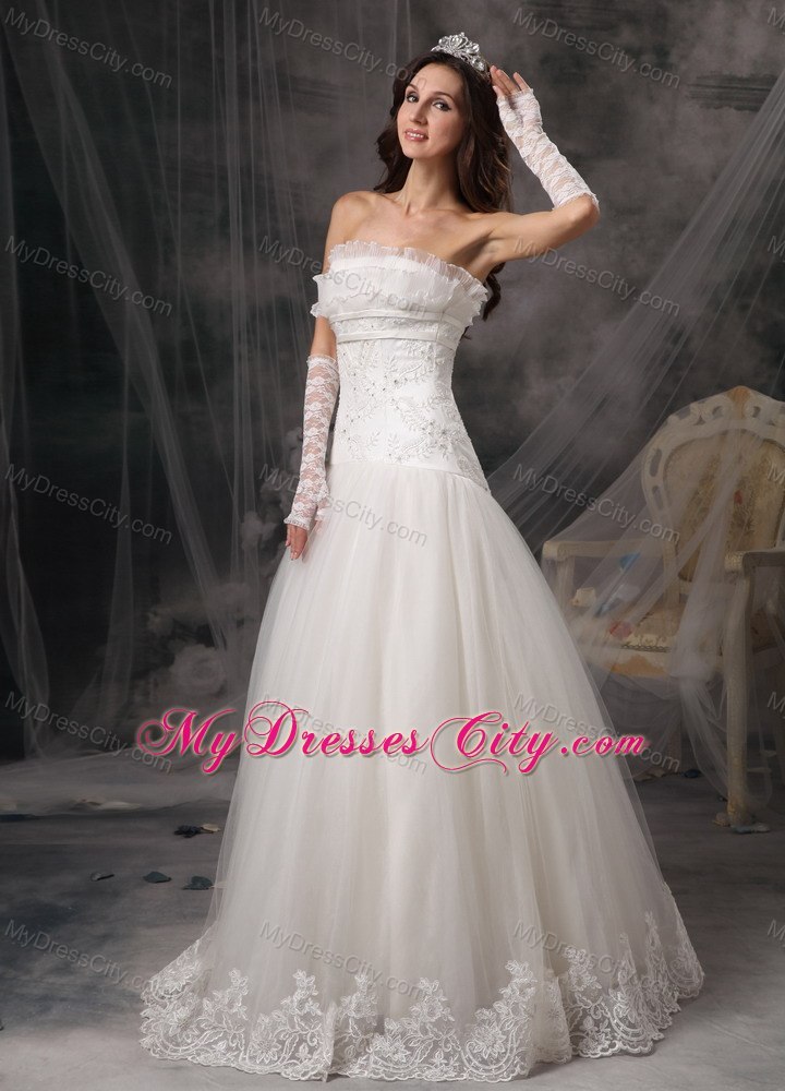 Perfect Strapless Lace Organza Bridal Dress with Embroidery and Beading