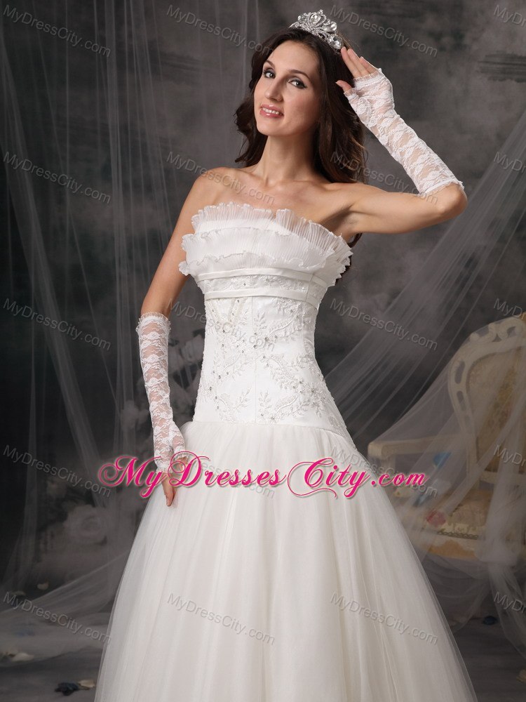 Perfect Strapless Lace Organza Bridal Dress with Embroidery and Beading