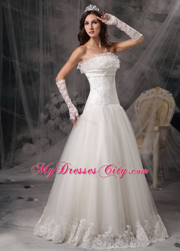 Perfect Strapless Lace Organza Bridal Dress with Embroidery and Beading