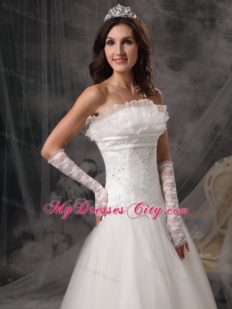 Perfect Strapless Lace Organza Bridal Dress with Embroidery and Beading