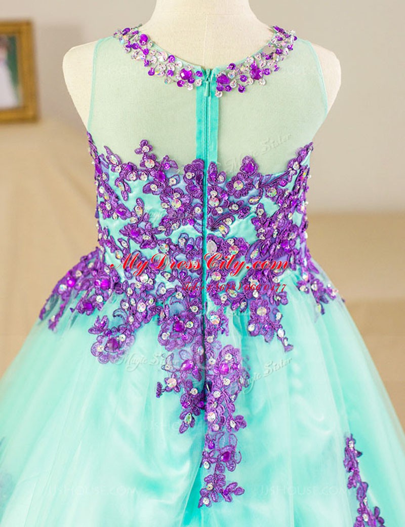 Lovely Scoop Beading and Lace and Appliques Flower Girl Dress Turquoise Zipper Sleeveless Floor Length