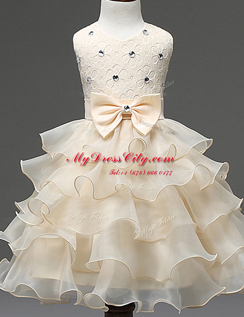 Ruffled A-line Flower Girl Dresses for Less Champagne Scoop Organza Sleeveless Mini Length Zipper