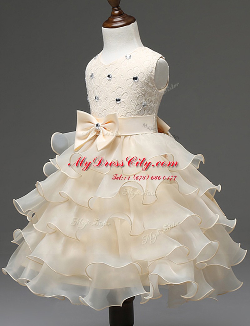 Ruffled A-line Flower Girl Dresses for Less Champagne Scoop Organza Sleeveless Mini Length Zipper