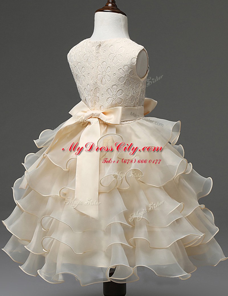 Ruffled A-line Flower Girl Dresses for Less Champagne Scoop Organza Sleeveless Mini Length Zipper