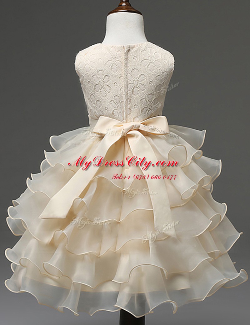 Ruffled A-line Flower Girl Dresses for Less Champagne Scoop Organza Sleeveless Mini Length Zipper