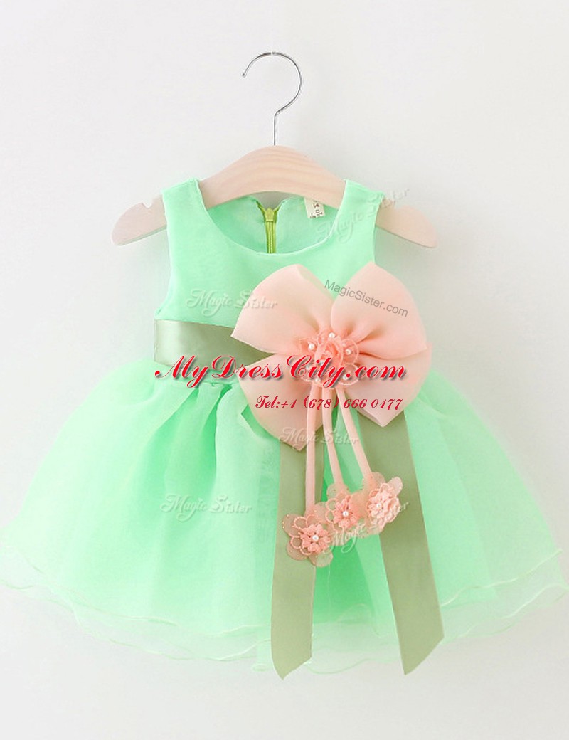 Scoop Sleeveless Organza Knee Length Zipper Flower Girl Dress in Apple Green with Beading and Bowknot