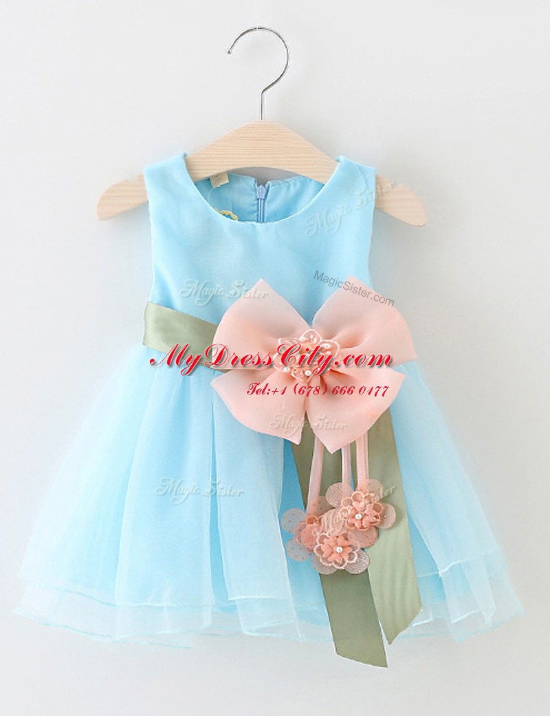 Scoop Sleeveless Organza Knee Length Zipper Flower Girl Dress in Apple Green with Beading and Bowknot