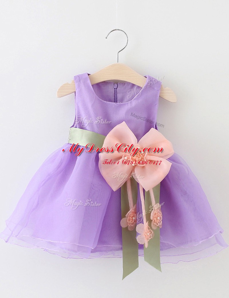 Scoop Sleeveless Organza Knee Length Zipper Flower Girl Dress in Apple Green with Beading and Bowknot