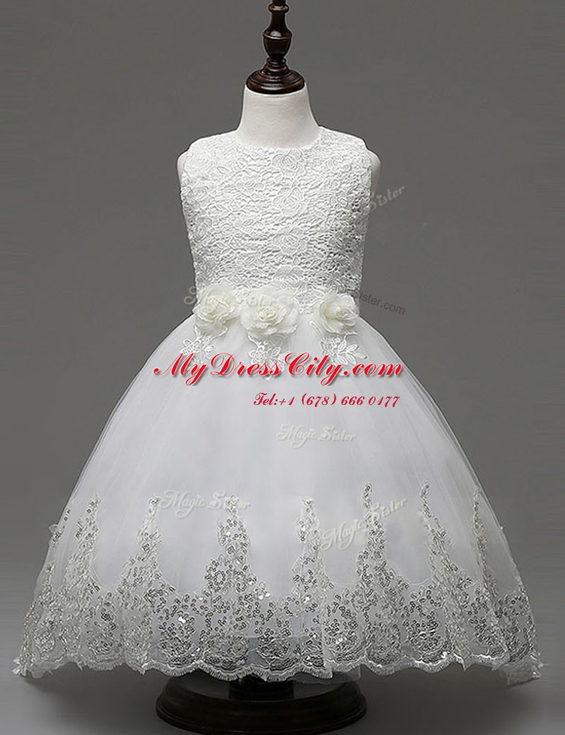 Glittering White A-line Organza Scoop Sleeveless Lace and Appliques and Bowknot With Train Zipper Flower Girl Dress Brush Train