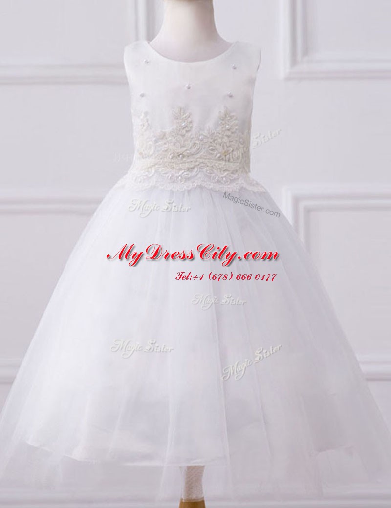 Edgy Scoop White Sleeveless Floor Length Beading and Appliques Zipper Toddler Flower Girl Dress