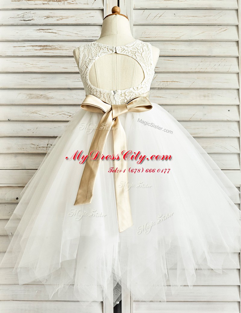 Scoop Floor Length White Flower Girl Dresses Tulle Sleeveless Lace and Ruffled Layers and Sashes ribbons