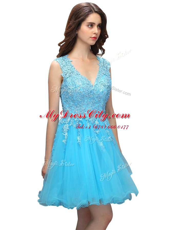 Baby Blue A-line V-neck Sleeveless Organza Knee Length Backless Beading and Appliques Prom Dresses