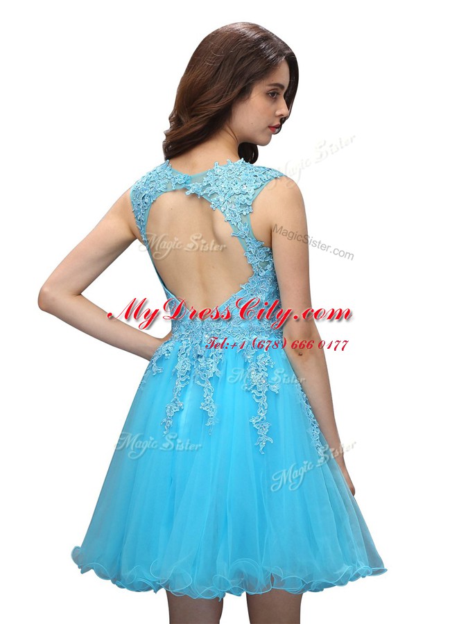 Baby Blue A-line V-neck Sleeveless Organza Knee Length Backless Beading and Appliques Prom Dresses