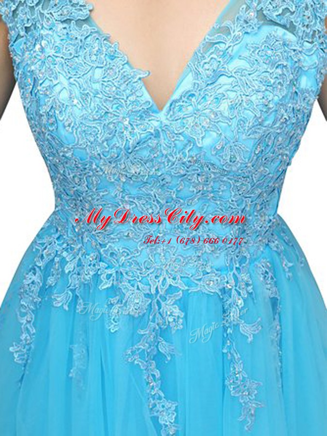 Baby Blue A-line V-neck Sleeveless Organza Knee Length Backless Beading and Appliques Prom Dresses