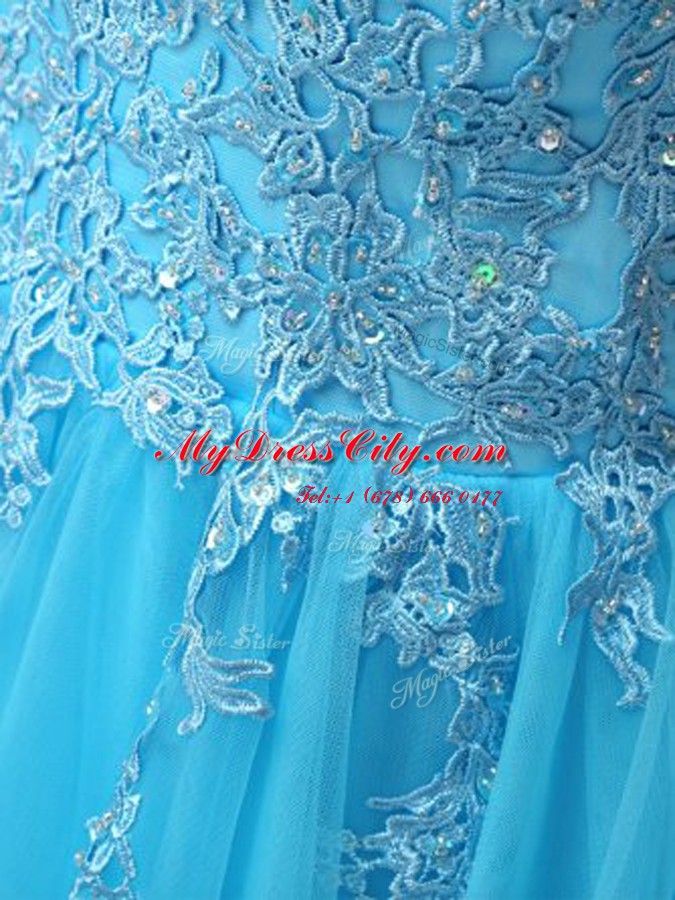 Baby Blue A-line V-neck Sleeveless Organza Knee Length Backless Beading and Appliques Prom Dresses