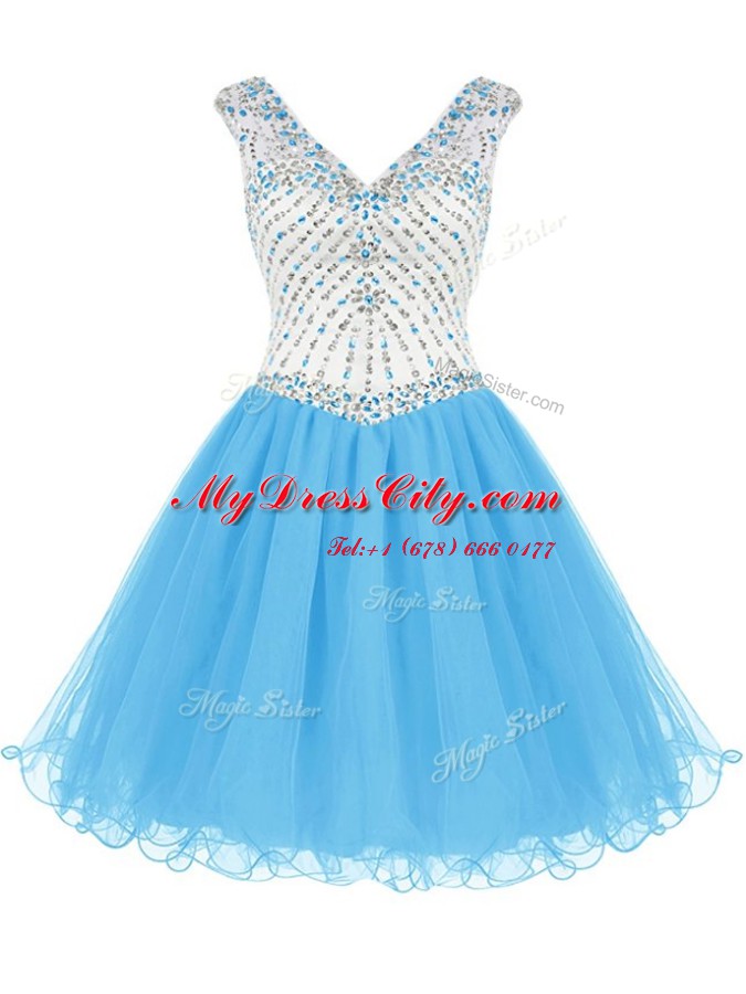 A-line Dress for Prom Baby Blue V-neck Organza Sleeveless Mini Length Zipper