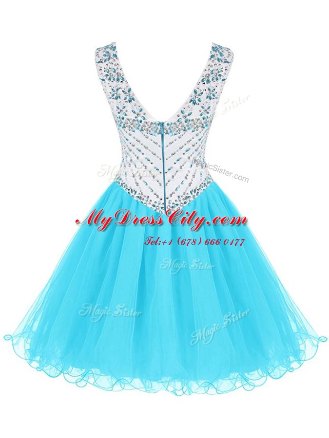 A-line Dress for Prom Baby Blue V-neck Organza Sleeveless Mini Length Zipper