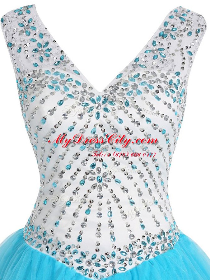 A-line Dress for Prom Baby Blue V-neck Organza Sleeveless Mini Length Zipper