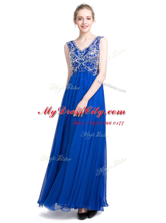 Royal Blue Sleeveless Chiffon Zipper Evening Dress for Prom and Party