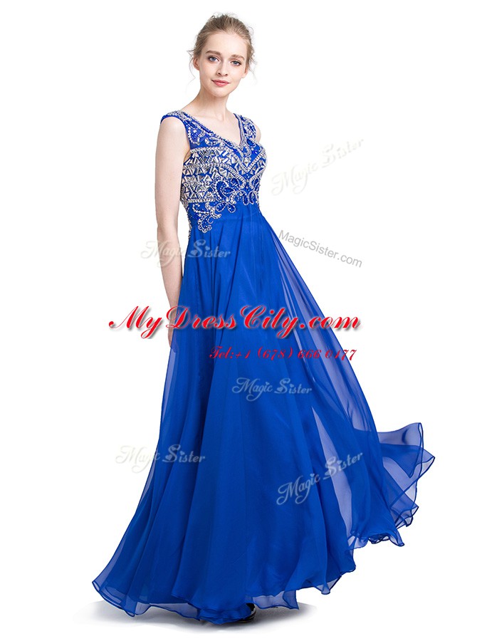 Royal Blue Sleeveless Chiffon Zipper Evening Dress for Prom and Party