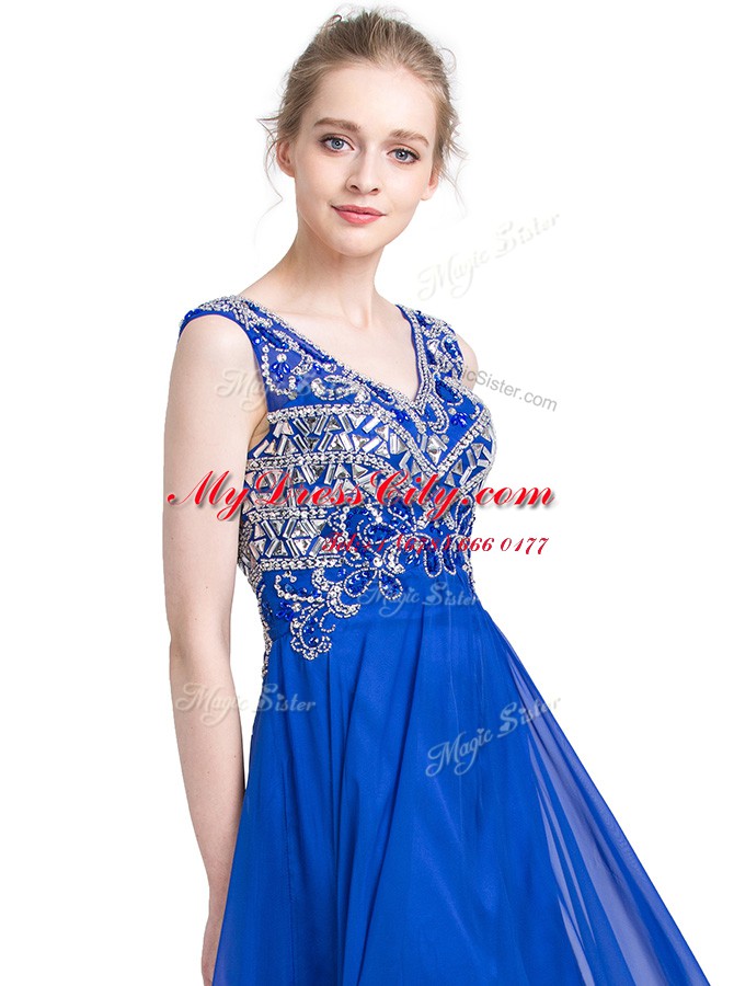 Royal Blue Sleeveless Chiffon Zipper Evening Dress for Prom and Party