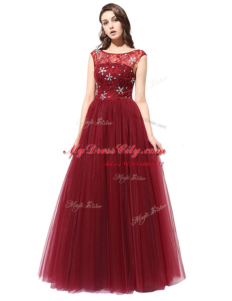 Fitting Column/Sheath Prom Gown Burgundy Scoop Tulle Sleeveless Floor Length Zipper