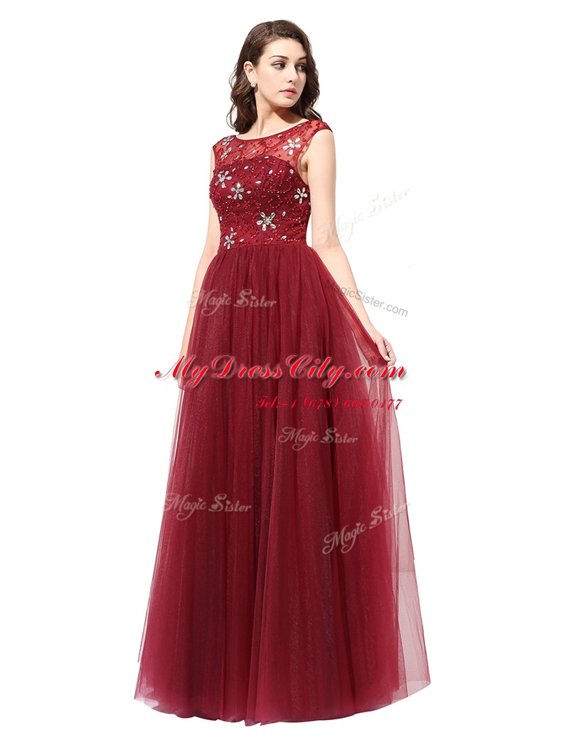 Fitting Column/Sheath Prom Gown Burgundy Scoop Tulle Sleeveless Floor Length Zipper