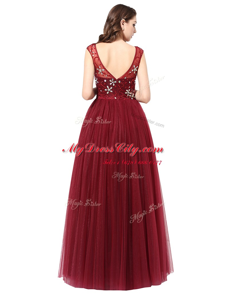 Fitting Column/Sheath Prom Gown Burgundy Scoop Tulle Sleeveless Floor Length Zipper