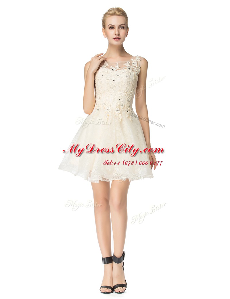 Organza Scoop Sleeveless Lace Up Beading and Appliques Party Dresses in Champagne