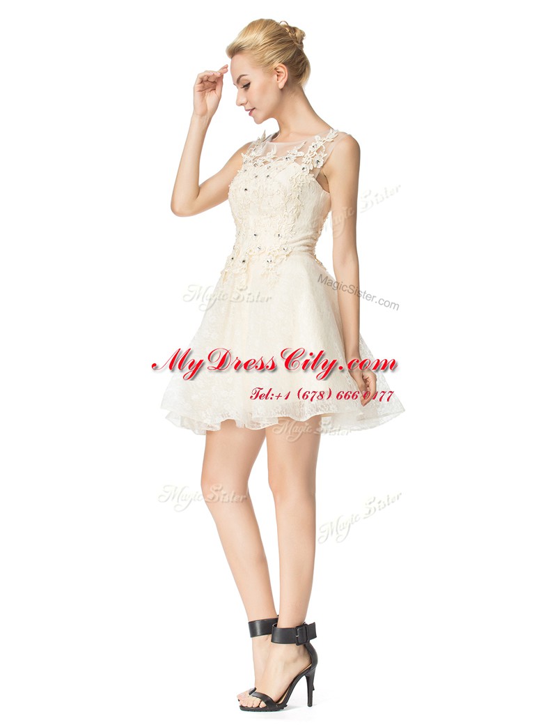 Organza Scoop Sleeveless Lace Up Beading and Appliques Party Dresses in Champagne