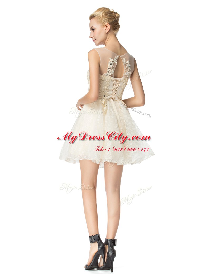 Organza Scoop Sleeveless Lace Up Beading and Appliques Party Dresses in Champagne