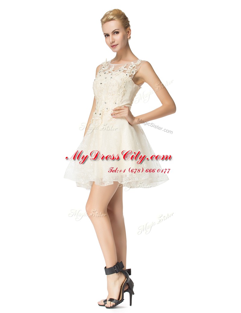 Organza Scoop Sleeveless Lace Up Beading and Appliques Party Dresses in Champagne