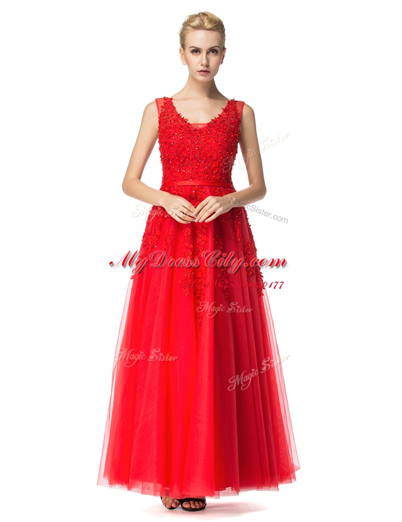 Spectacular Red Evening Dress Prom and Party and For with Beading and Appliques V-neck Sleeveless Lace Up