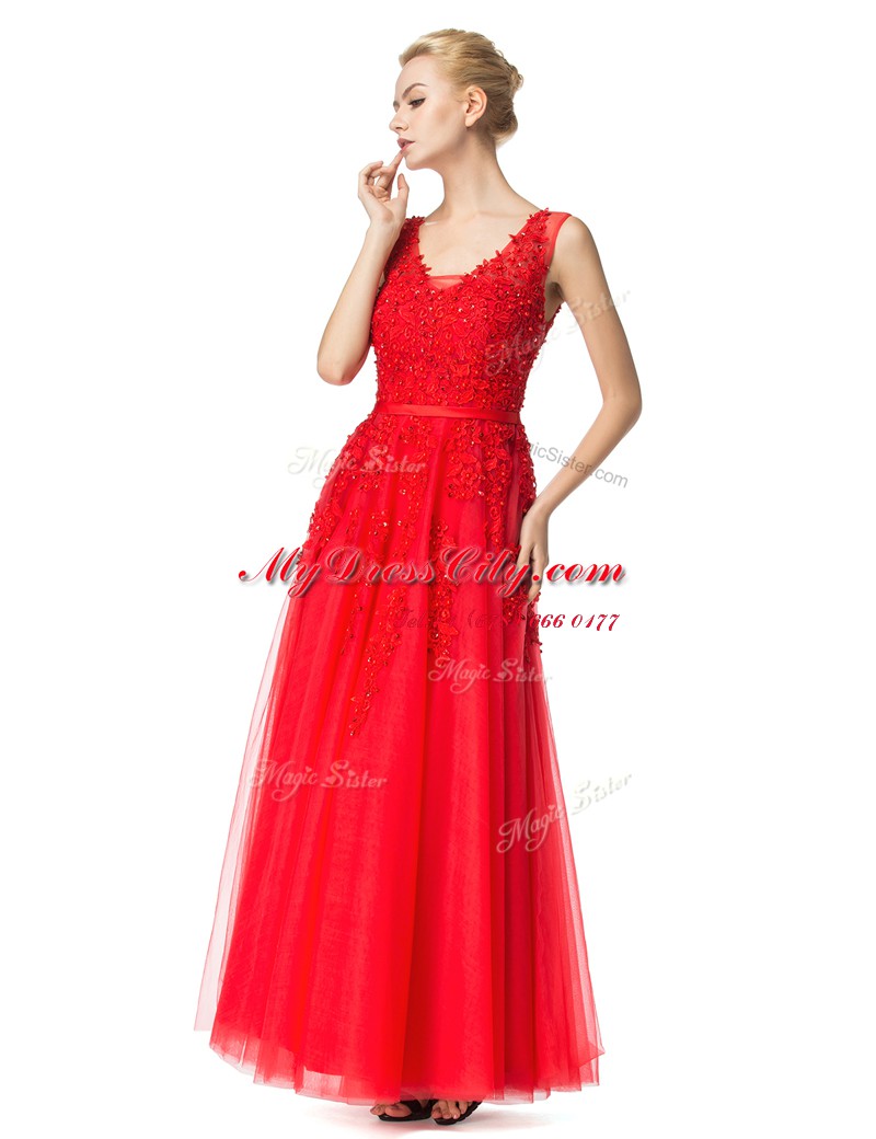 Spectacular Red Evening Dress Prom and Party and For with Beading and Appliques V-neck Sleeveless Lace Up