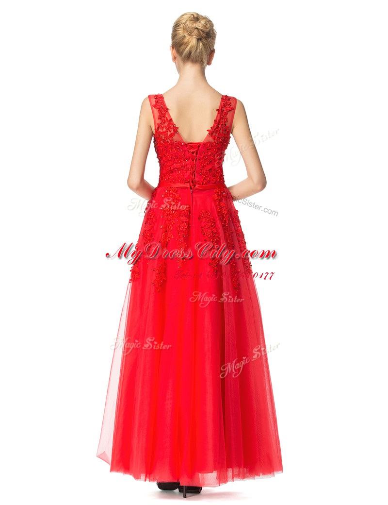 Spectacular Red Evening Dress Prom and Party and For with Beading and Appliques V-neck Sleeveless Lace Up