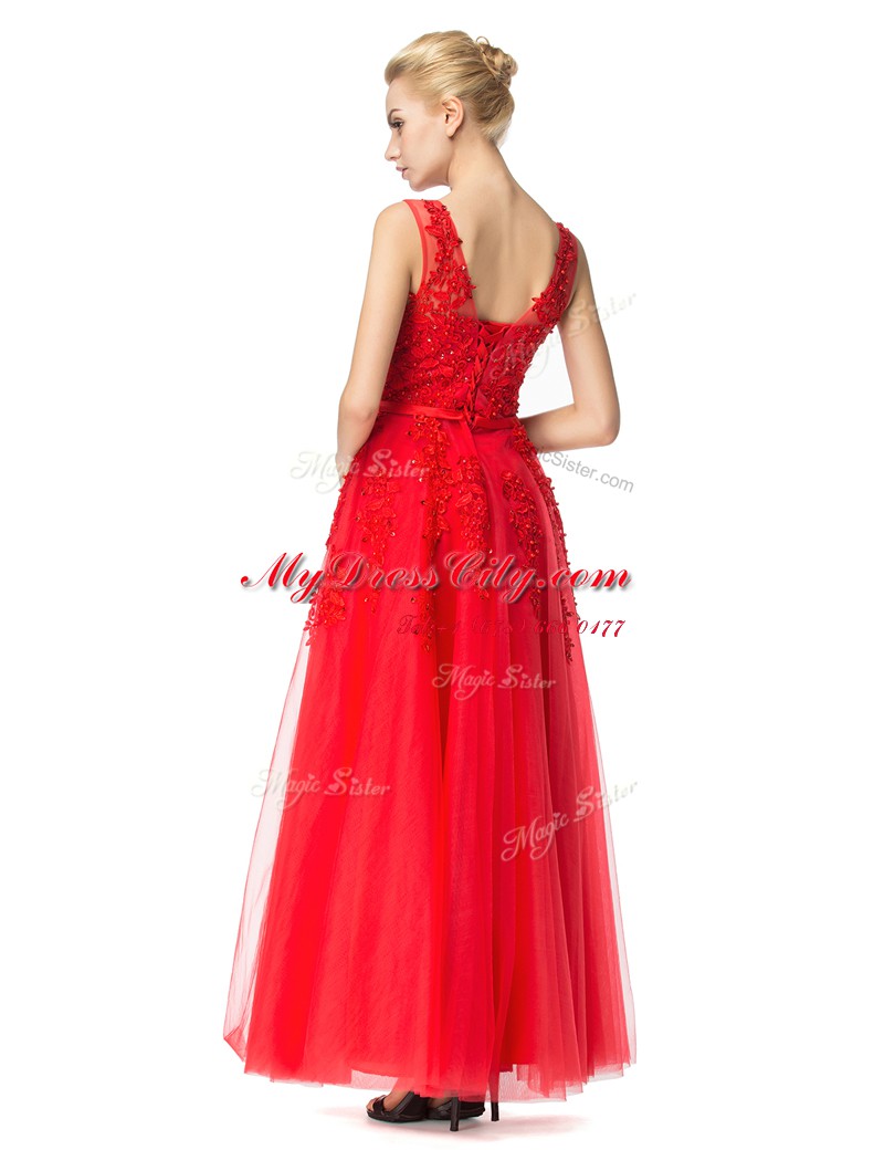 Spectacular Red Evening Dress Prom and Party and For with Beading and Appliques V-neck Sleeveless Lace Up