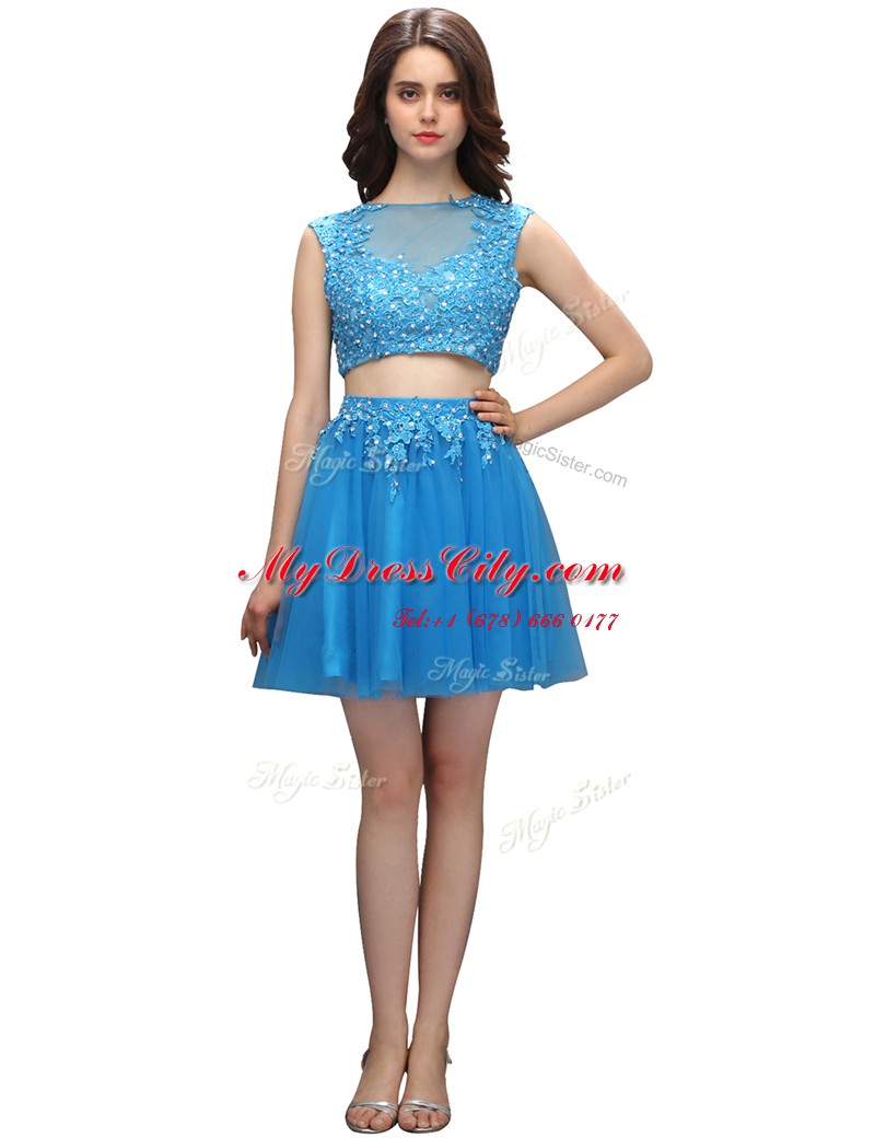 Empire Baby Blue Bateau Tulle Sleeveless Mini Length Zipper