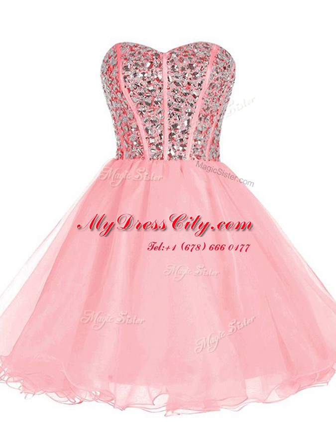 Exceptional Pink A-line Sweetheart Sleeveless Organza Mini Length Zipper Beading and Ruffled Layers Prom Dress