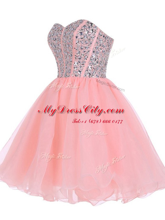 Exceptional Pink A-line Sweetheart Sleeveless Organza Mini Length Zipper Beading and Ruffled Layers Prom Dress