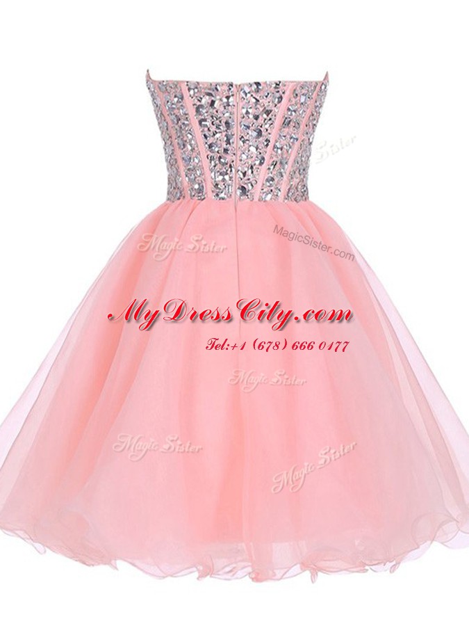 Exceptional Pink A-line Sweetheart Sleeveless Organza Mini Length Zipper Beading and Ruffled Layers Prom Dress